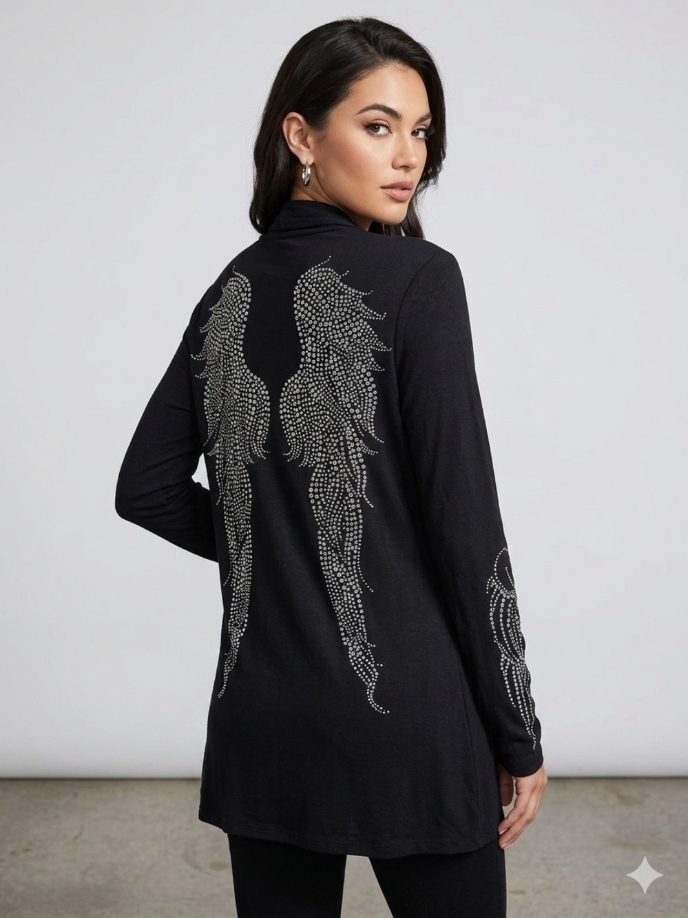 Black Longline Top with Rhinestone Angel Wings